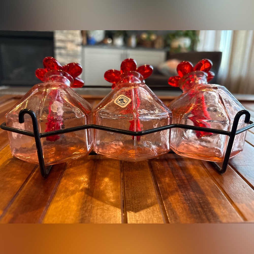 Vintage Parasol Triple Hummingbird Feeder Set Pink Glass Bottles w/ Metal Rack - Picture 6 of 9
